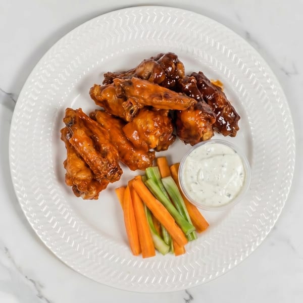 A white plate holds saucy chicken wings, carrot and celery sticks, and a side of ranch dressing.