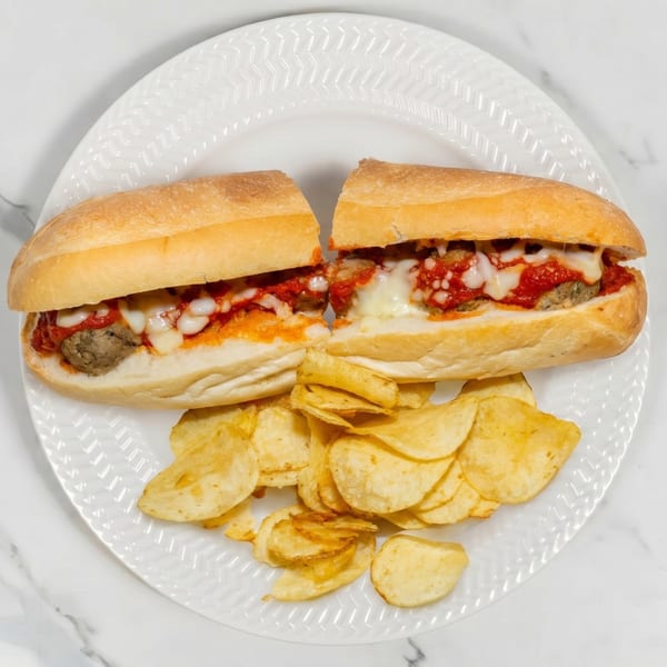 Meatball sub sandwiches with melted cheese and red sauce, served with a side of potato chips.