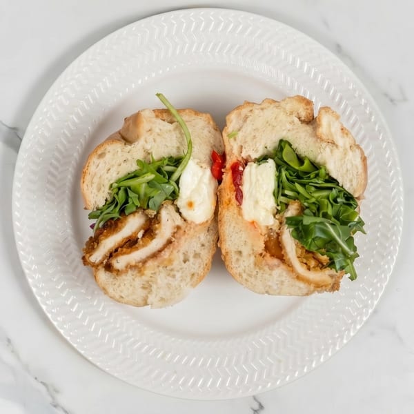 Crispy chicken sandwich with arugula, roasted red peppers, and aioli on a white plate.